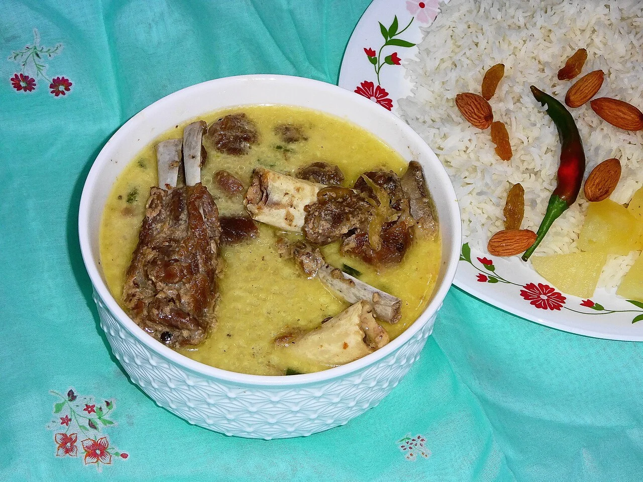 A bowl of Kashmiri aab gosht, mutton cooked in milk
