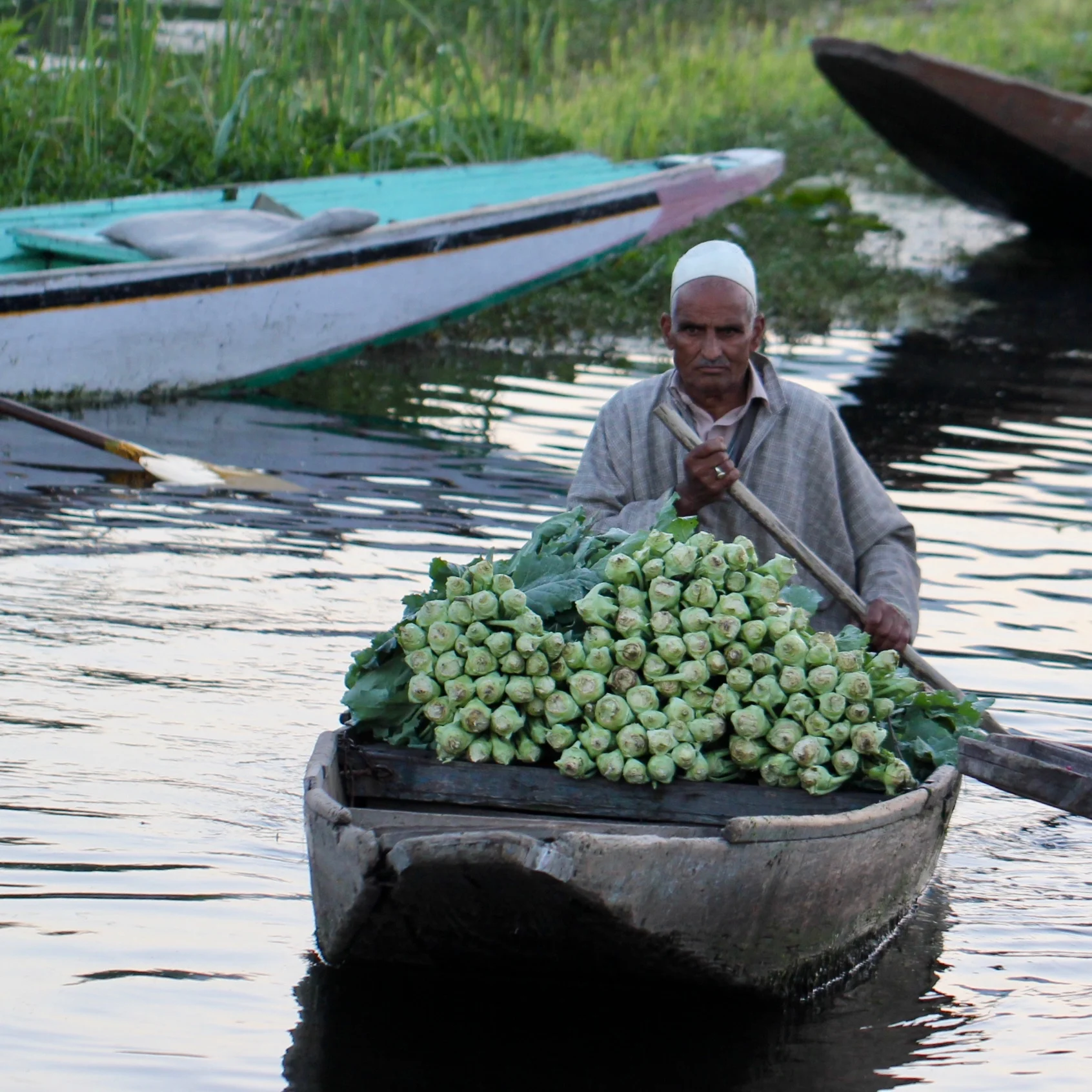 A vegetable seller in his boat at the floating market on Dal Lake