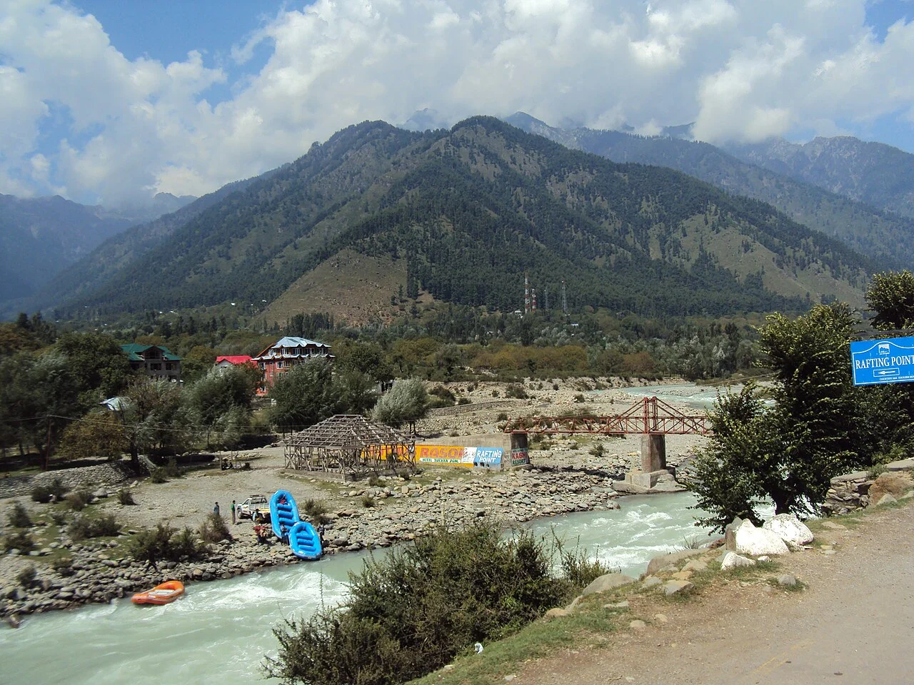 Rafts on a fast mountain river near Pahalgam