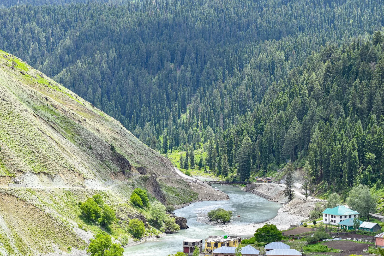 The Kishanganga winding through a forested valley in Gurez