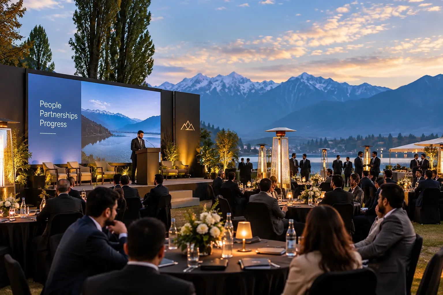Guests attend an outdoor corporate event beside a mountain lake