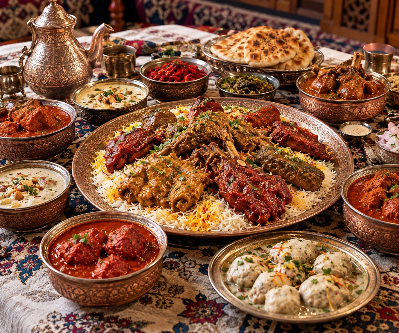 Kashmiri food served in copper bowls around a shared platter
